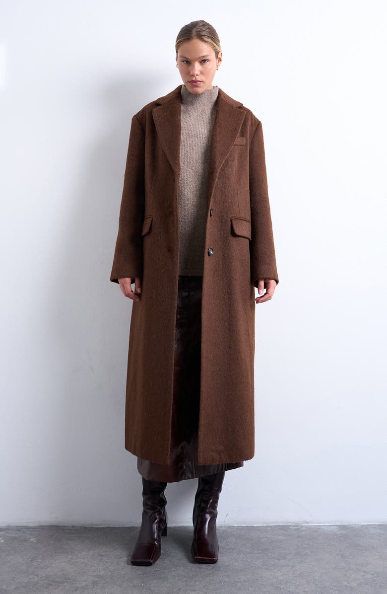 Topshop Single Breasted Longline Coat, Main, color, Brown