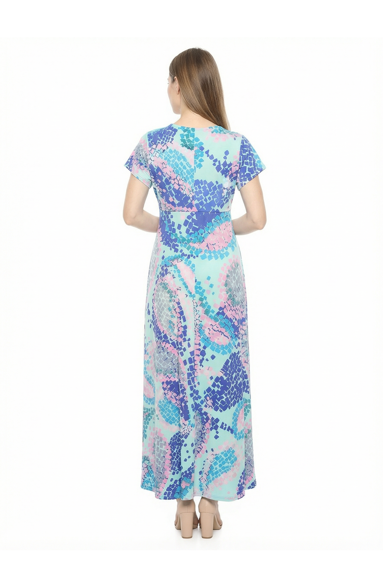 24seven Comfort Apparel Maternity Abstract V-Neck Empire Waist Cap Sleeve Maxi Dress, Alternate, color, Blue Multi
