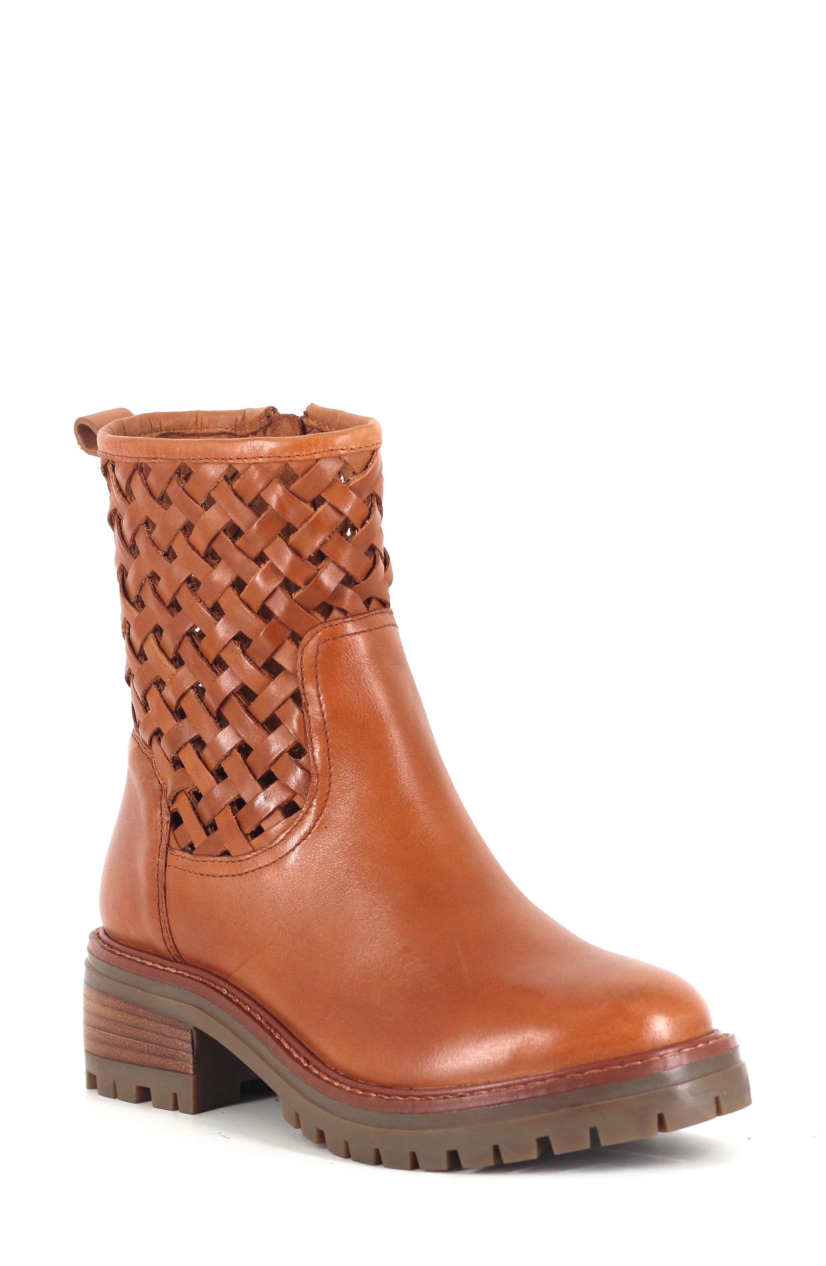 Bailah Woven Leather Bootie, Main, color, CARAMEL LEATHER