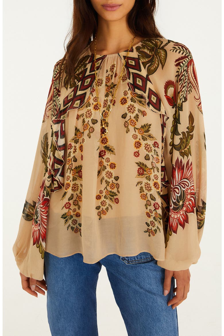 Ligia Floral Cascade Long Sleeve Top, Main, color, ORANGE