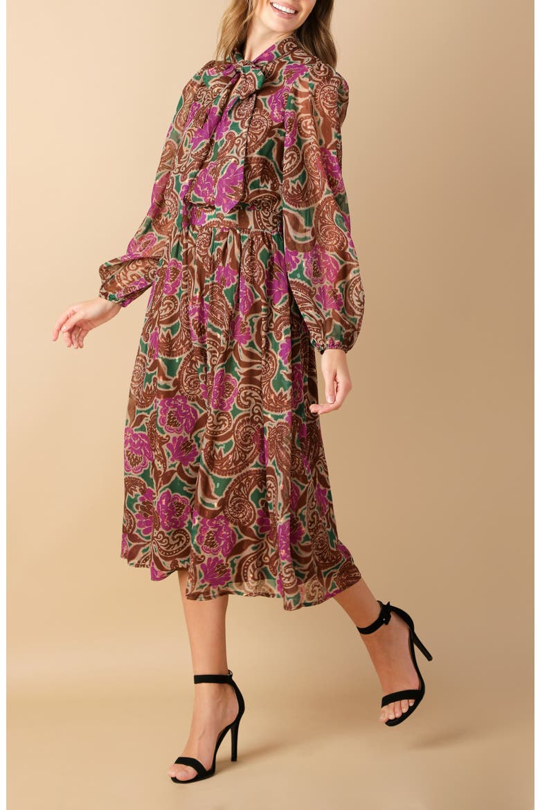 Print Long Sleeve Midi Dress, Alternate, color, BROWN GREEN