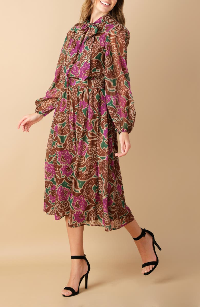 FLYING TOMATO Print Long Sleeve Midi Dress, Alternate, color, Brown Green