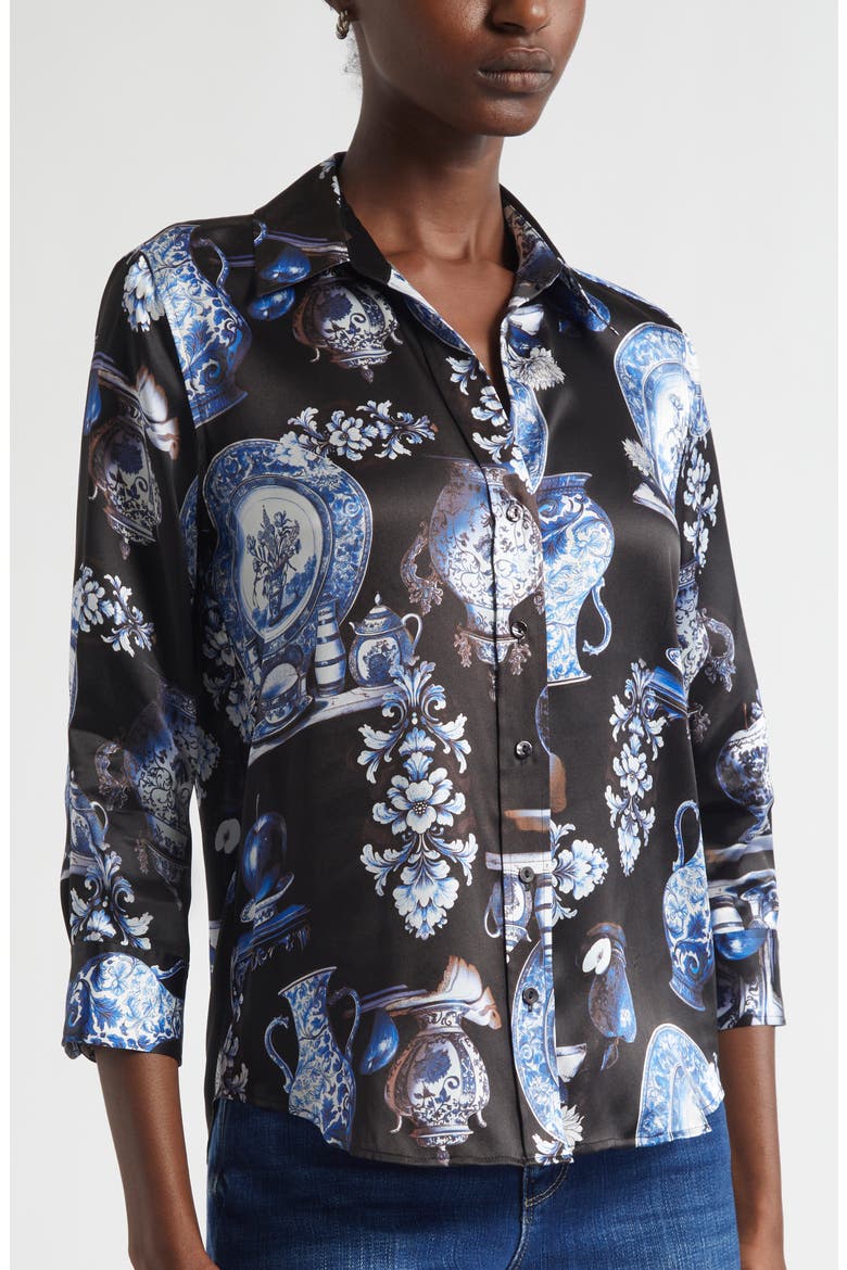 Dani Pottery Print Silk Button-Up Shirt, Alternate, color, BLACK/ BLUE PORCELAIN PRINT