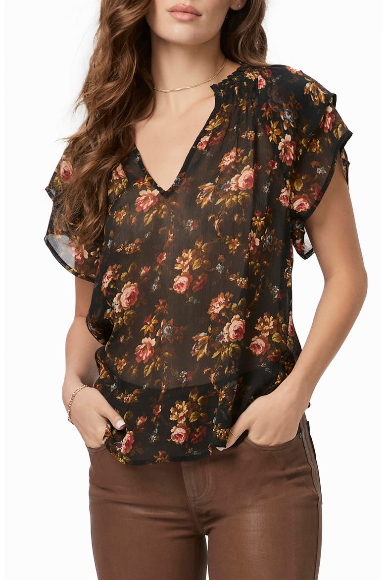 Ally Floral Flutter Sleeve Silk Top, Main, color, BLK MLTI