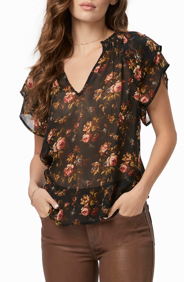 PAIGE Ally Floral Flutter Sleeve Silk Top, Main, color,