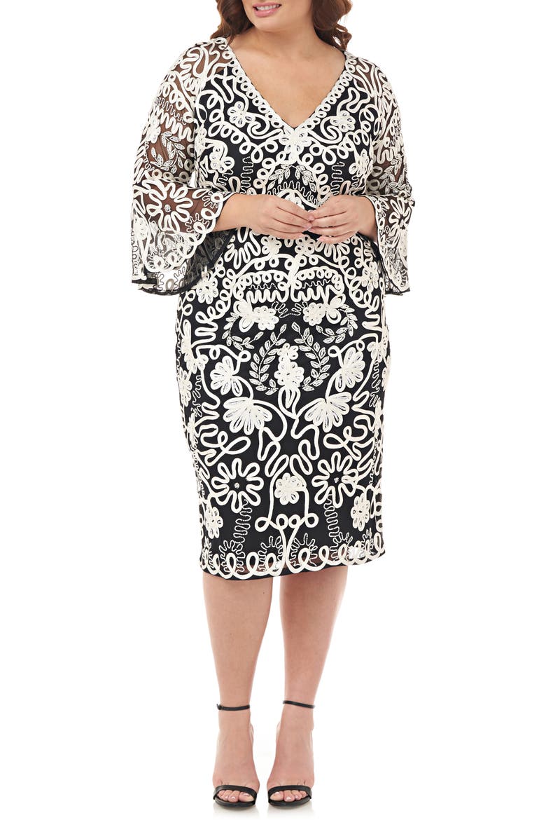 Bell Sleeve Mesh Shift Dress, Main, color, IVORY BLACK