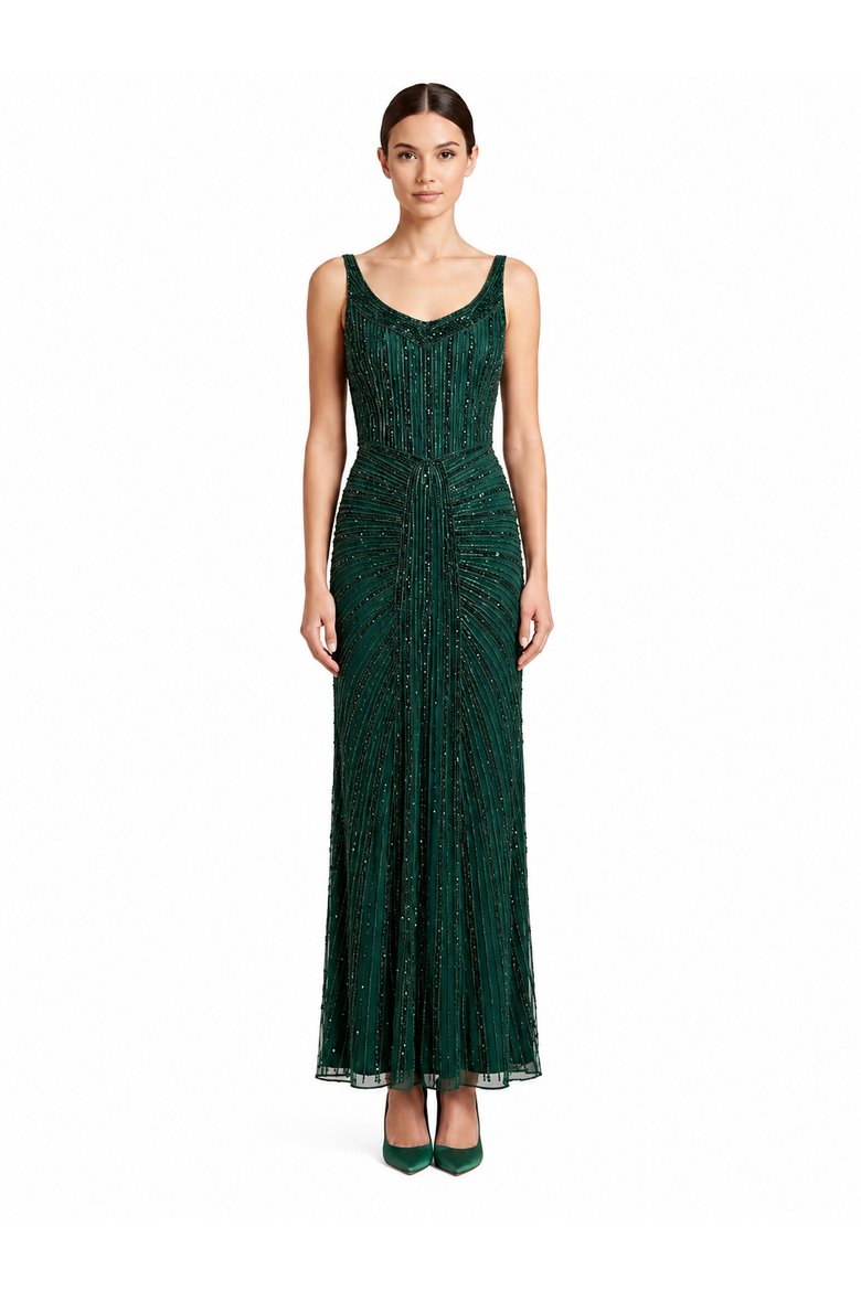 Beaded V-Neck Gown, Main, color, Dark Green