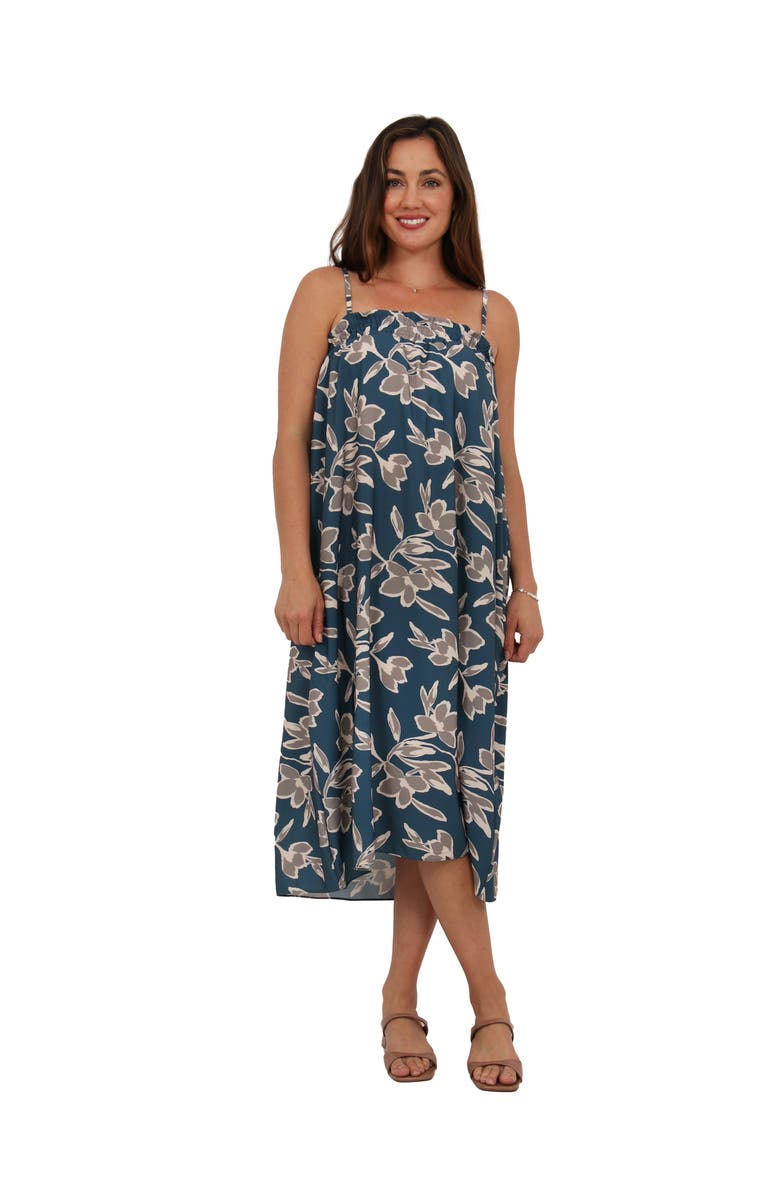 24seven Comfort Apparel Womens Essential Floral Print Spaghetti Strap Smocked Pocket A-Line Maxi Dress, Main, color, Blue Multi