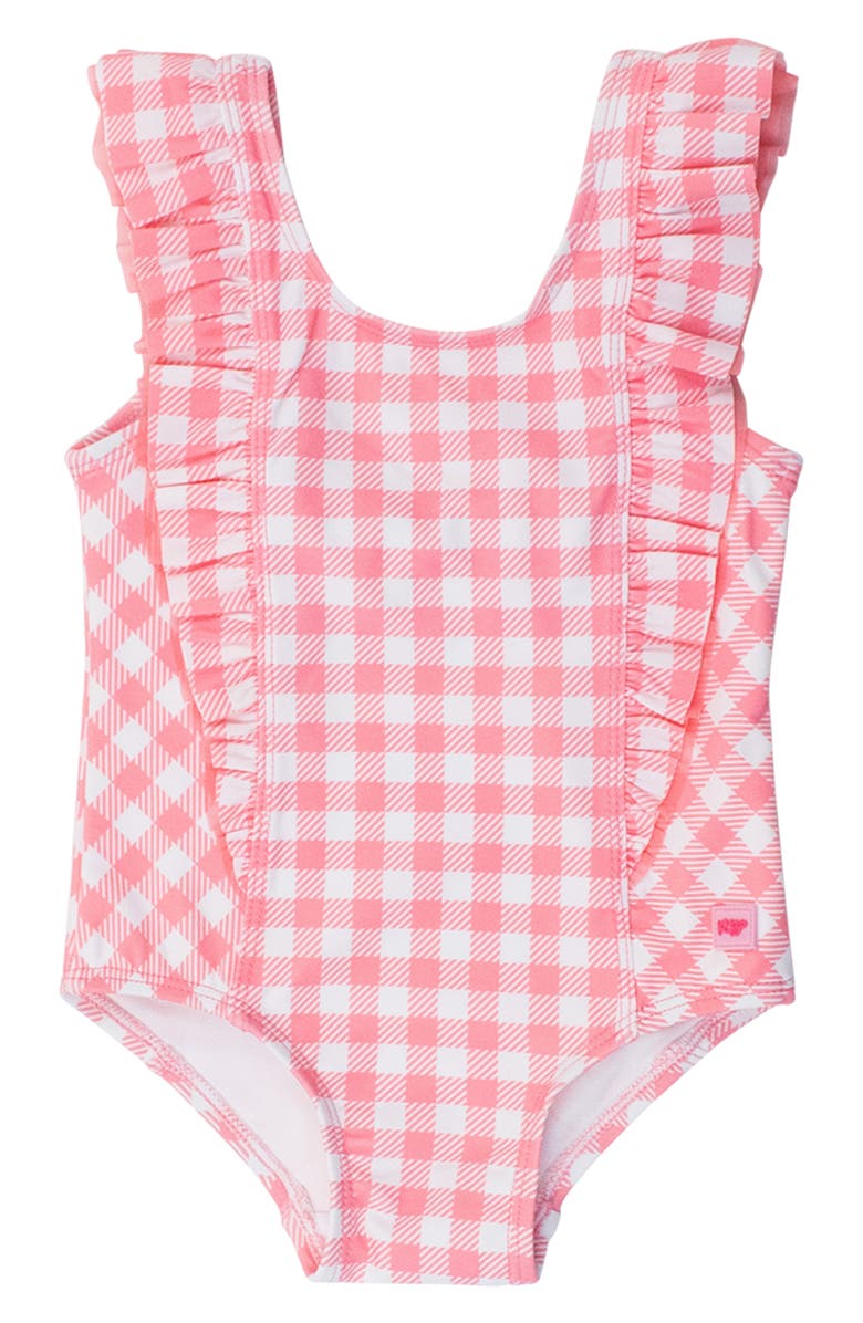 RuffleButts Periwinkle Blue Gingham One-Piece Swimsuit, Main, color, Pink