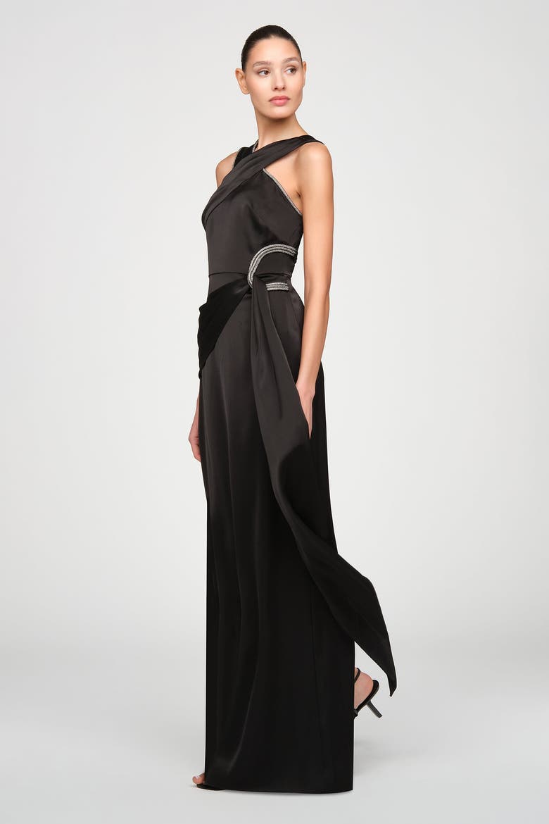 Cressida Halter Column Satin Gown, Alternate, color, Black