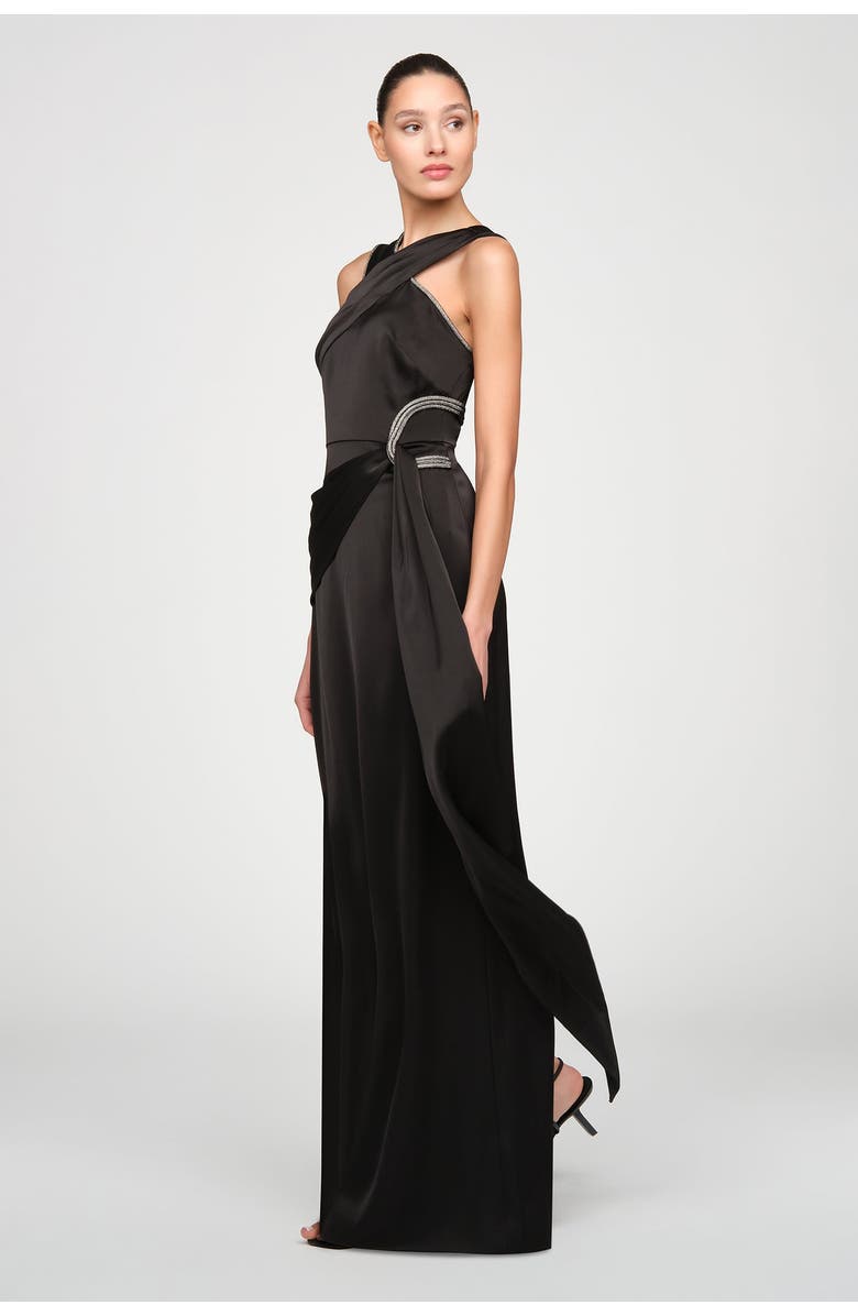 Theia Cressida Halter Column Satin Gown, Alternate, color, Black