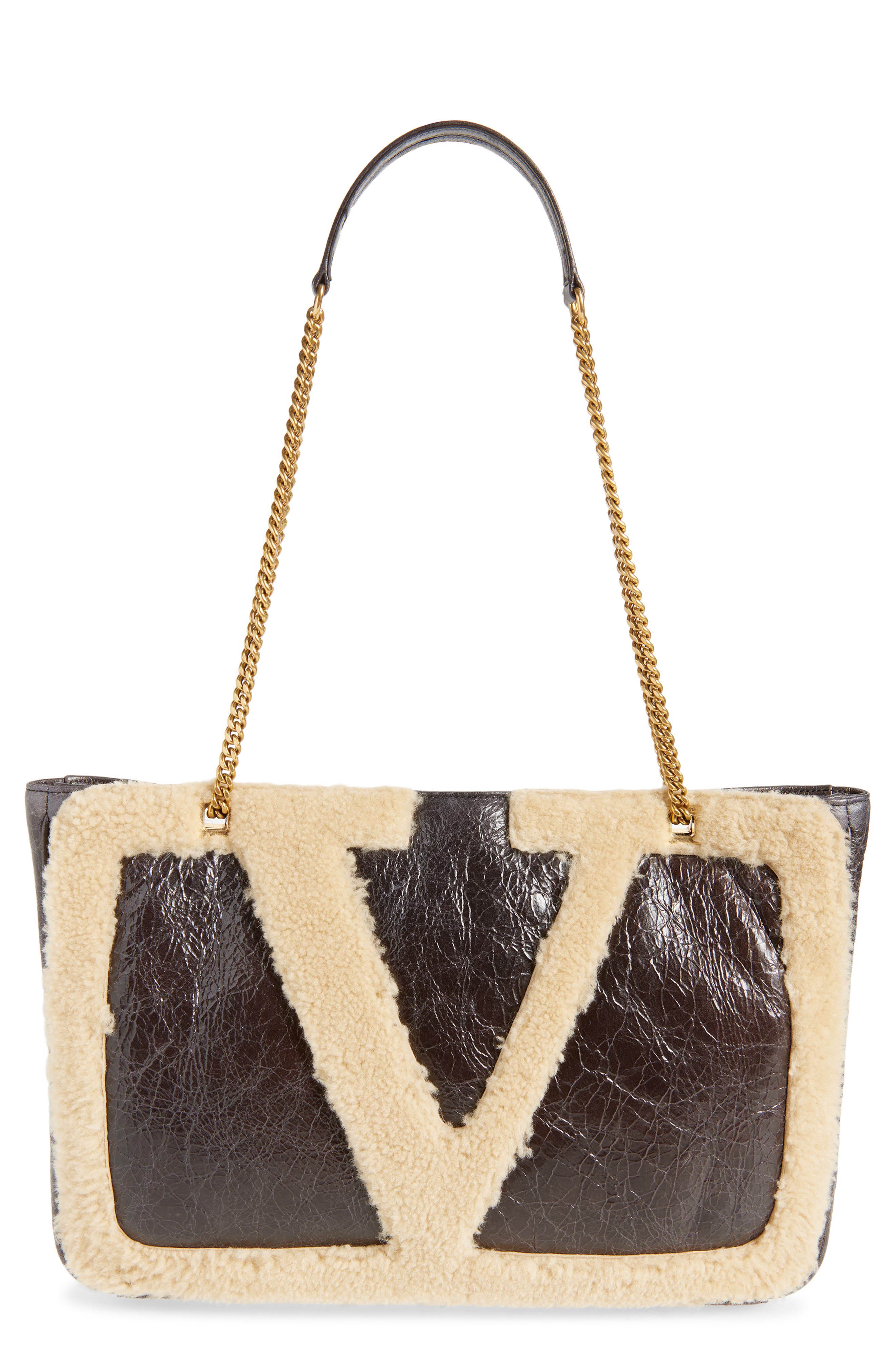 Valentino Garavani Medium Viva Superstar Crinkled Leather & Genuine Shearling Tote, Main, color, Cafe Fango/ Dark Beige
