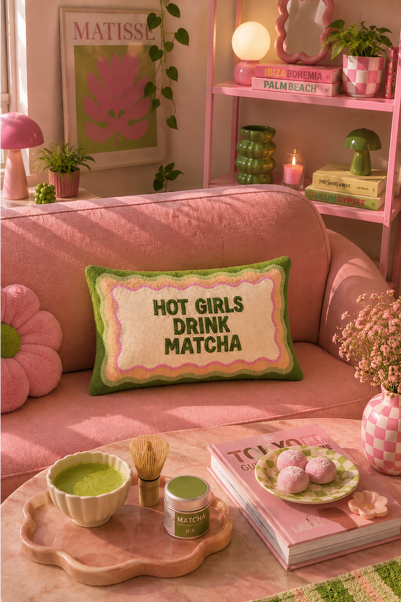 Hot Girls Drink Matcha - Slogan Needlepoint Pillow, Alternate, color, Matcha