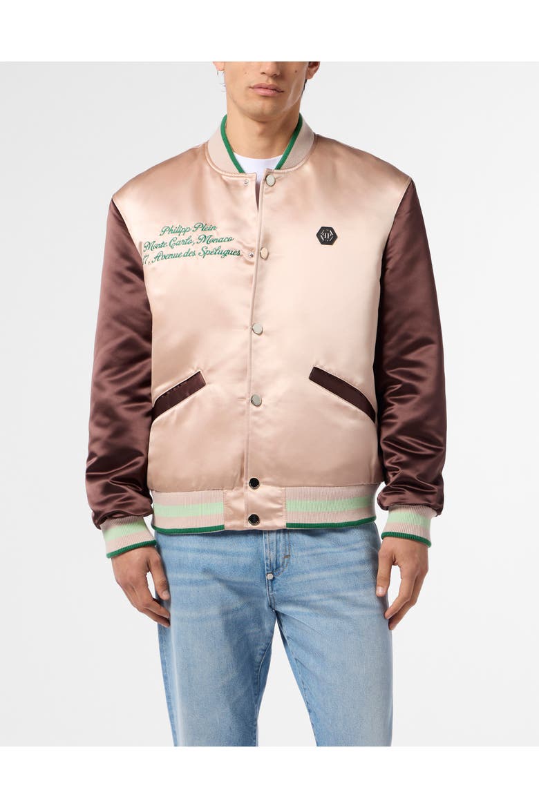 Shiny Satin College Bomber Signature Monte Carlo Men, Main, color, beige