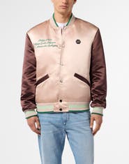 PHILIPP PLEIN Shiny Satin College Bomber Signature Monte Carlo Men