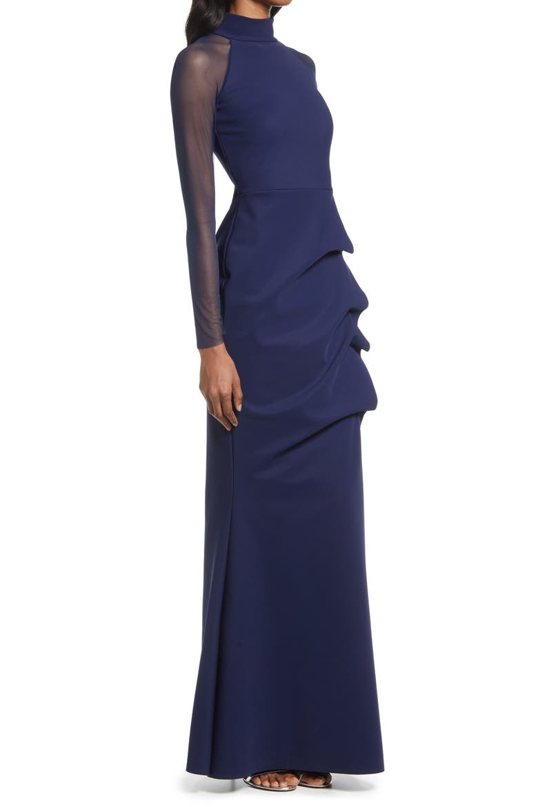 Maylys Illusion Mesh Mock Neck Trumpet Gown, Alternate, color, NAVY