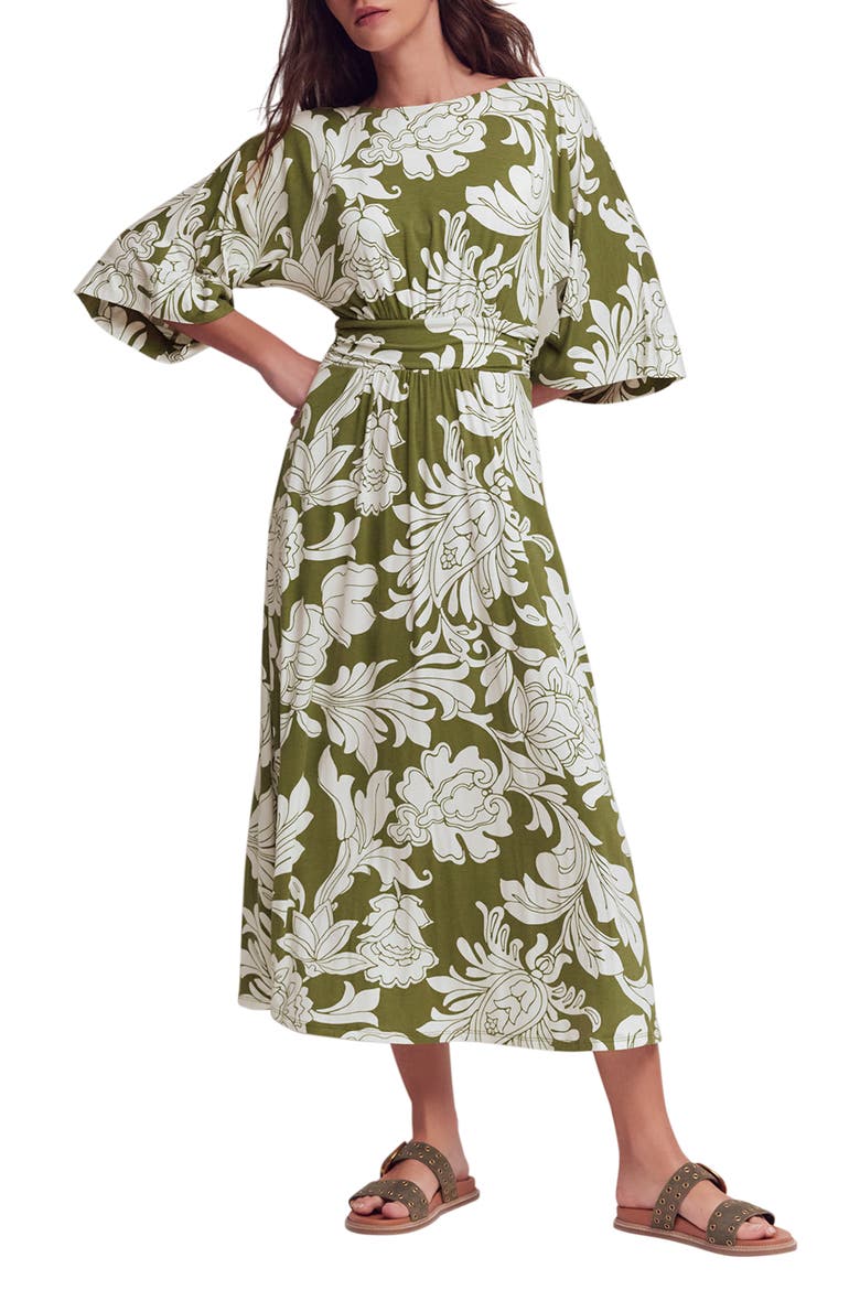 Imelda Floral Kimono Jersey Midi Dress, Main, color, OLIVE, BOTANICAL FLOURISH MONO