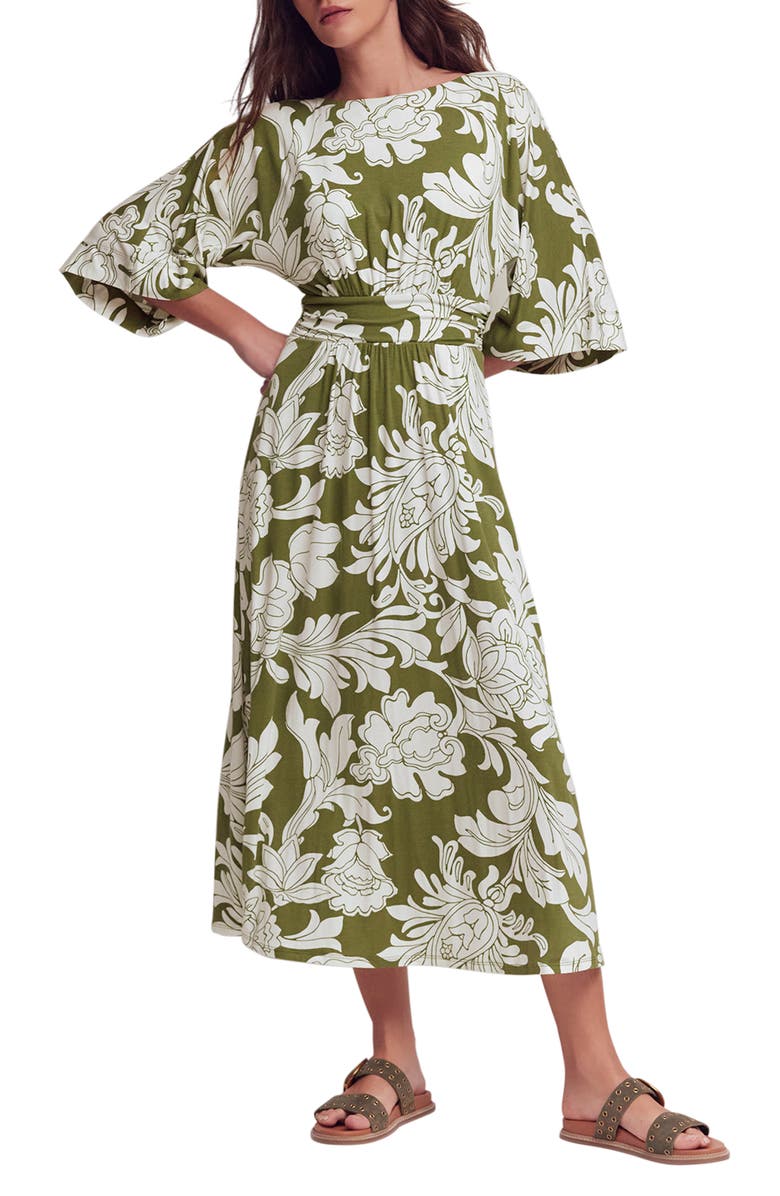 Boden Imelda Floral Kimono Jersey Midi Dress, Main, color, Olive, Botanical Flourish Mono