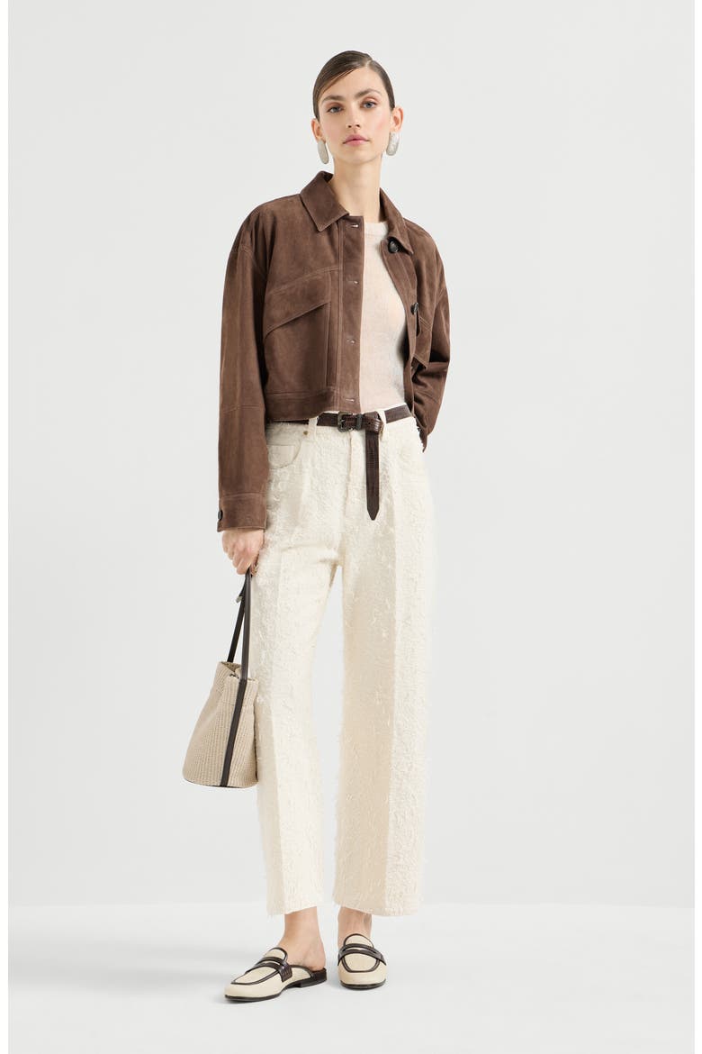 Couture suede cropped outerwear jacket, Alternate, color, Brown