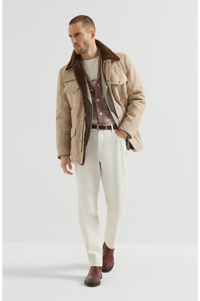 Garment-dyed denim iconic fit five-pocket trousers with rips, Alternate, color, White
