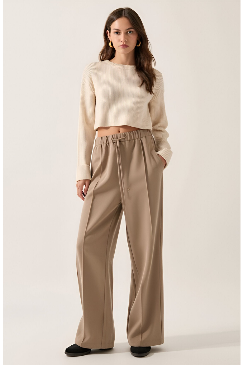 Wide-Leg Front-Seam Elastic Drawstring Waist Trousers, Alternate, color, Beige