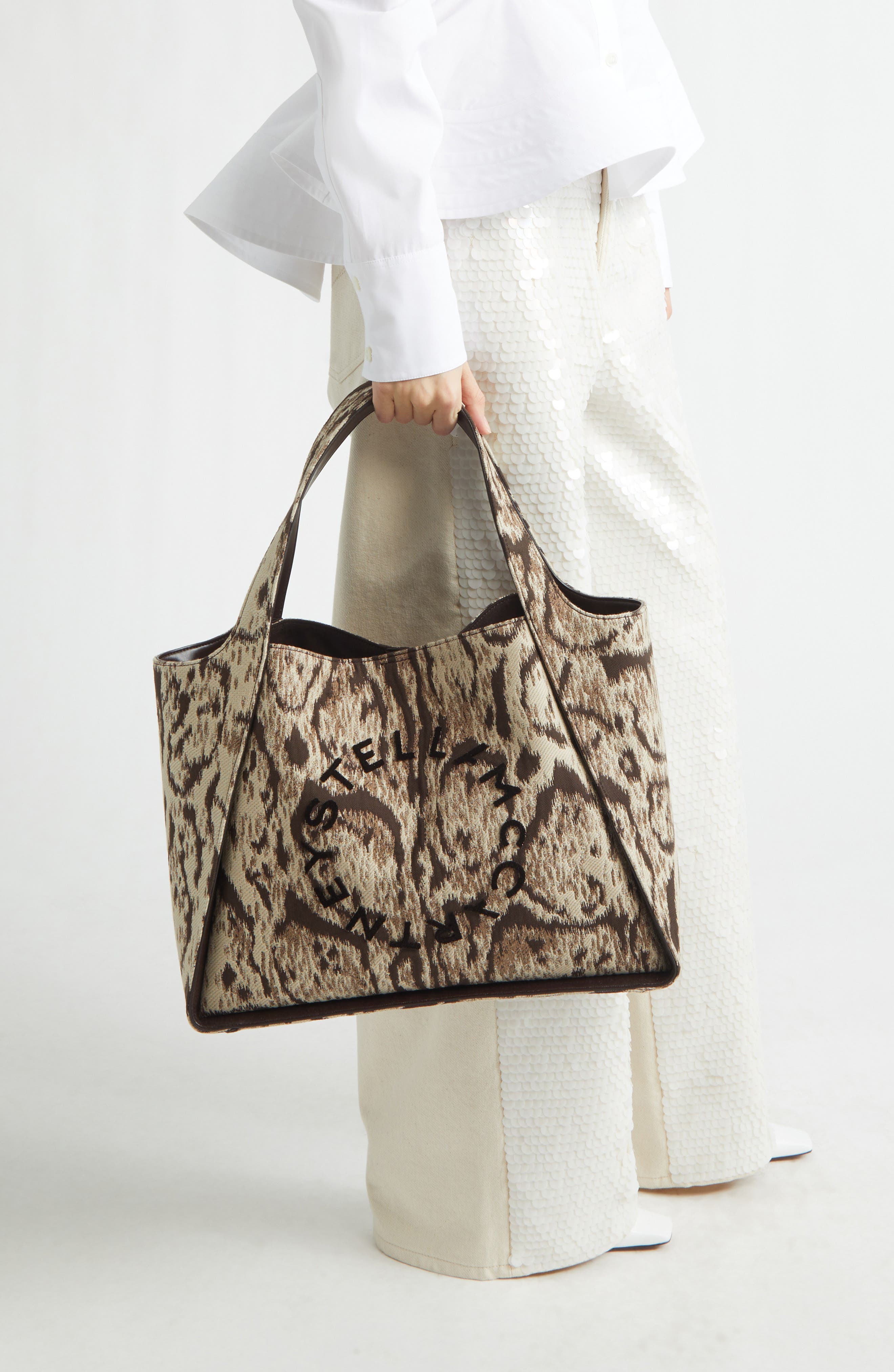 Stella McCartney Logo Clouded Leopard Tote, Alternate, color, Multicolor Brown