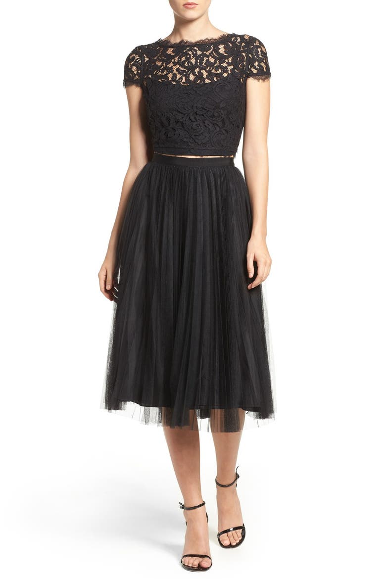 Pleated Tulle Midi Skirt, Alternate, color, BLACK