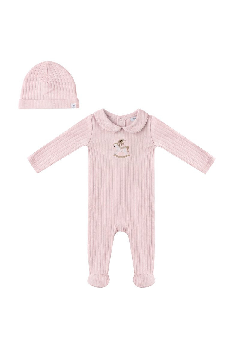 Girl Horse Bear Pointelle Knit Long Sleeve Romper and Hat Set, Alternate, color, Pink