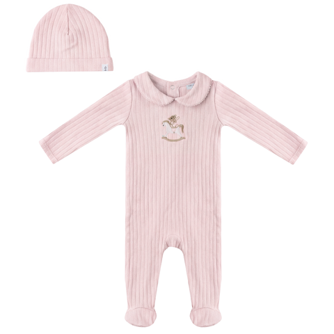 Girl Horse Bear Pointelle Knit Long Sleeve Romper and Hat Set