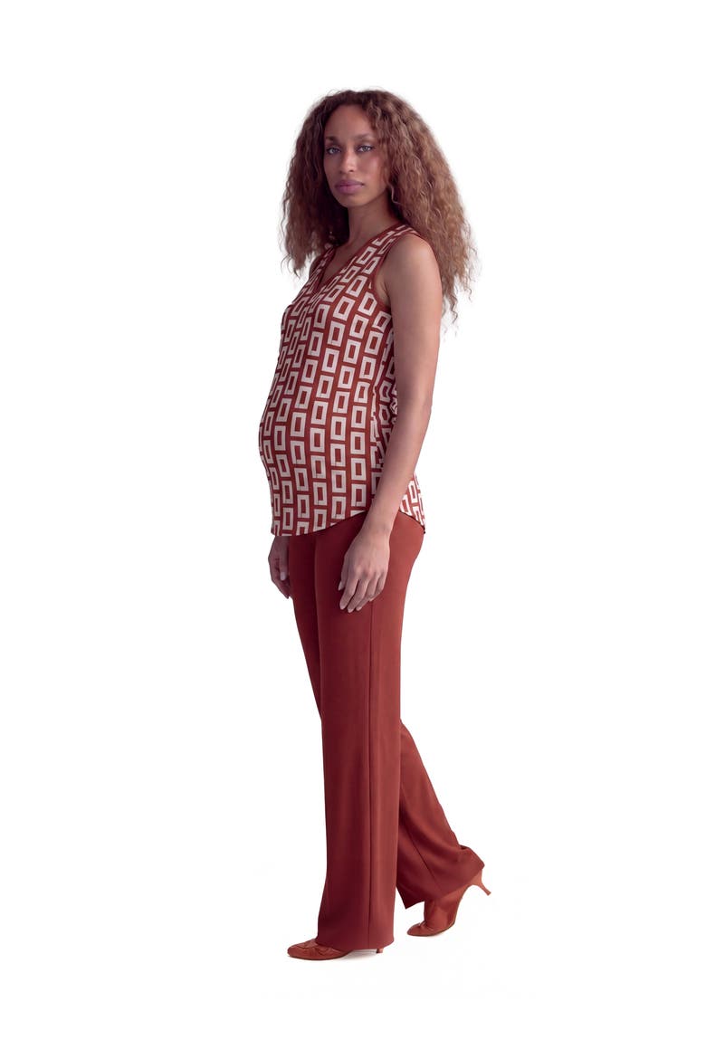 Maternity Essential Abstract Print V-Neck Round Hem Top and Flared Pant Set, Alternate, color, Orange Multi