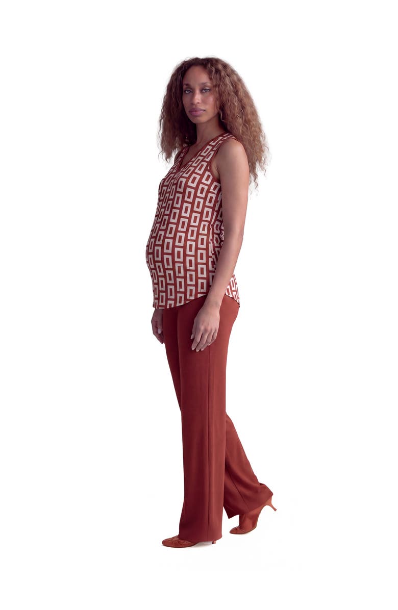 24seven Comfort Apparel Maternity Essential Abstract Print V-Neck Round Hem Top and Flared Pant Set, Alternate, color, Orange Multi