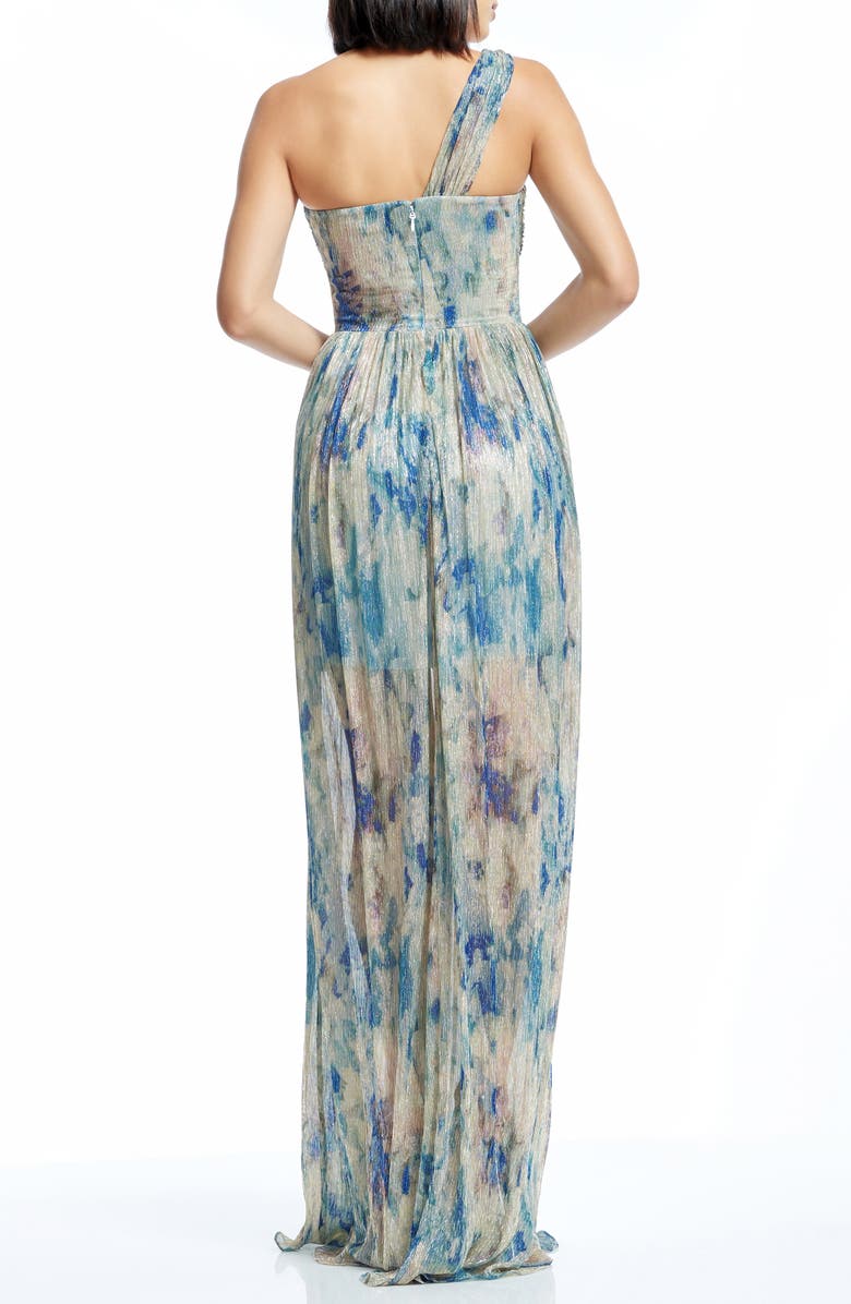 Dress the Population Idalia Metalllic Abstract Floral Print One-Shoulder Gown, Alternate, color, Pale Blue Multi