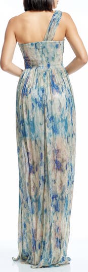 Idalia Metalllic Abstract Floral Print One-Shoulder Gown