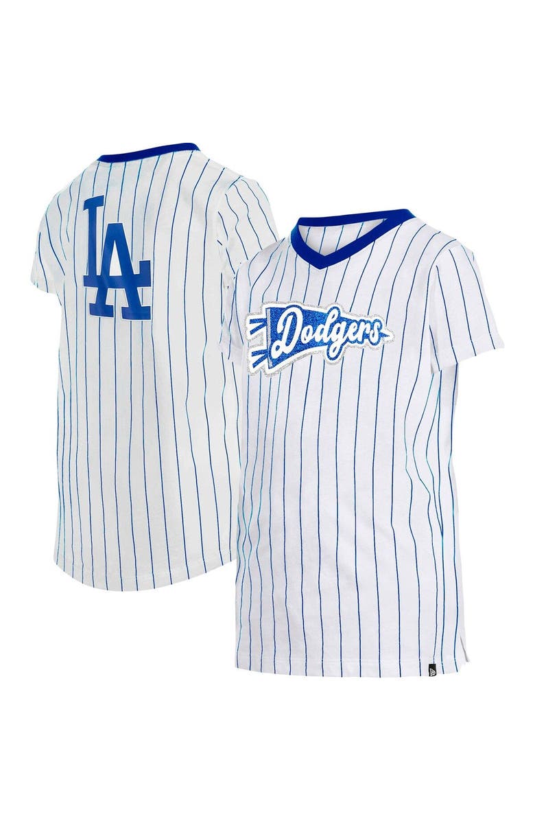 New Era Girls Youth New Era White Los Angeles Dodgers Pinstripe V-Neck T-Shirt, Main, color, 