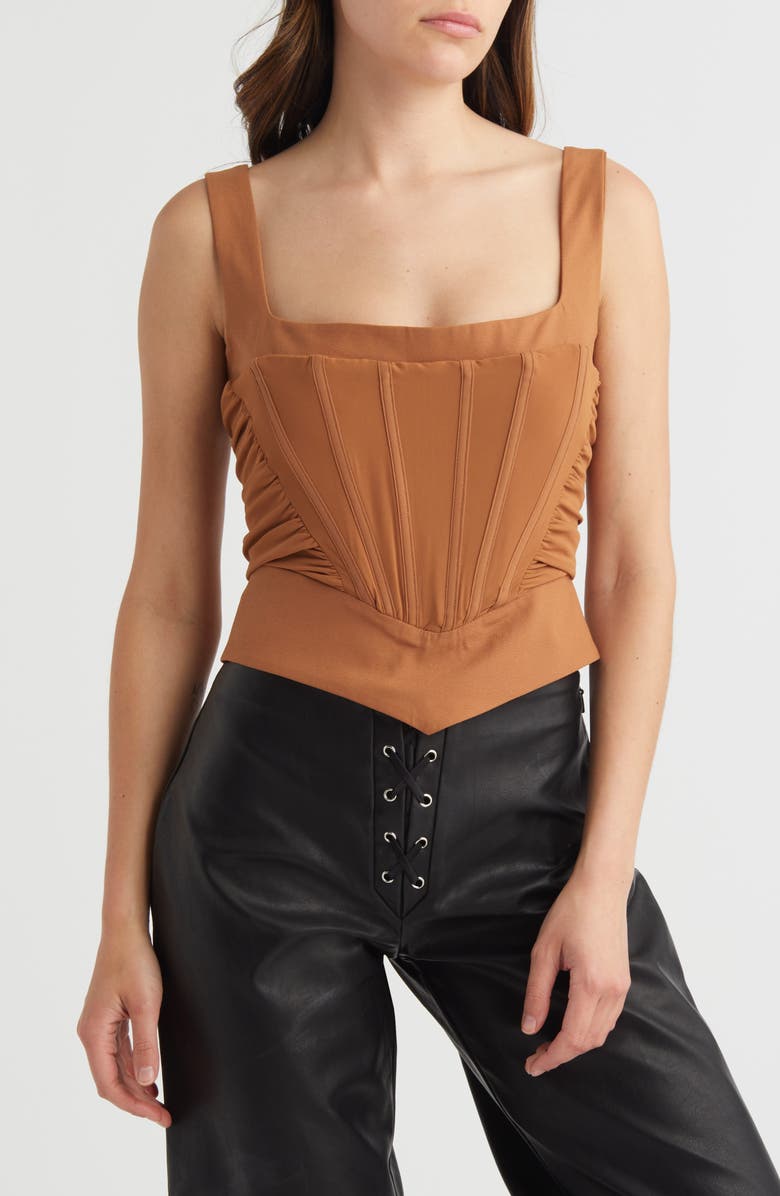 Mistress Rocks V-Shape Gathered Corset Top, Main, color, Caramel
