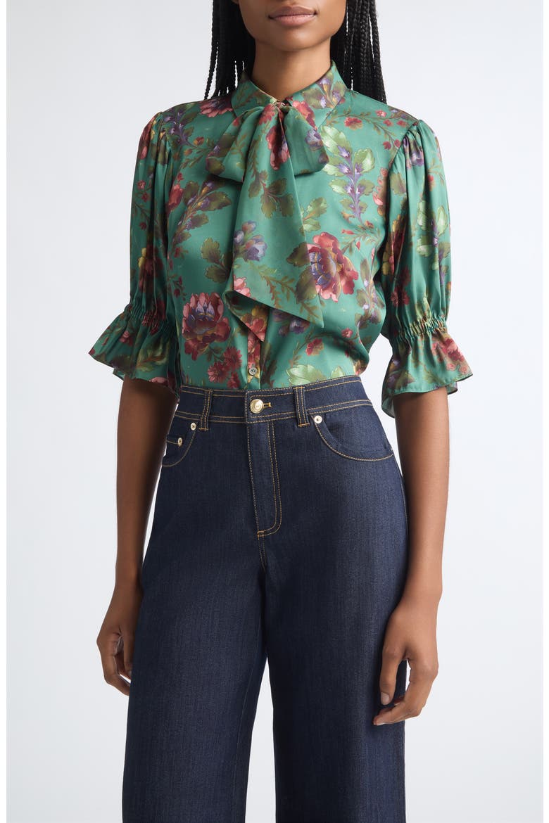 Fiona Fresco Floral Bow Shirt, Main, color, DARK IVY MULTI