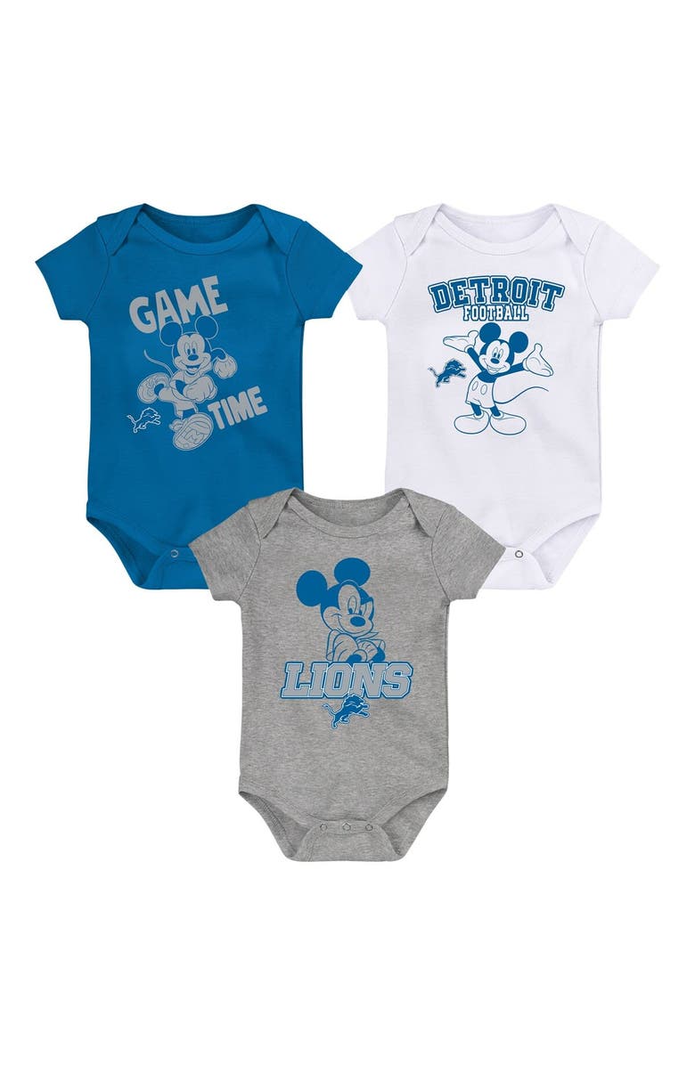 Outerstuff Newborn & Infant Blue/White/Gray Detroit Lions Three-Piece Disney Game Time Bodysuit Set, Main, color, 