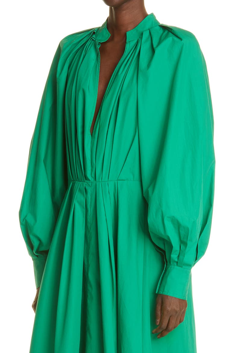 Pleated Long Sleeve Organic Cotton Poplin Midi Dress, Alternate, color, GREEN