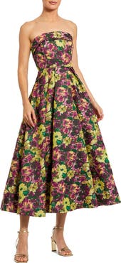 Mac Duggal Strapless Brocade A-Line Midi Dress