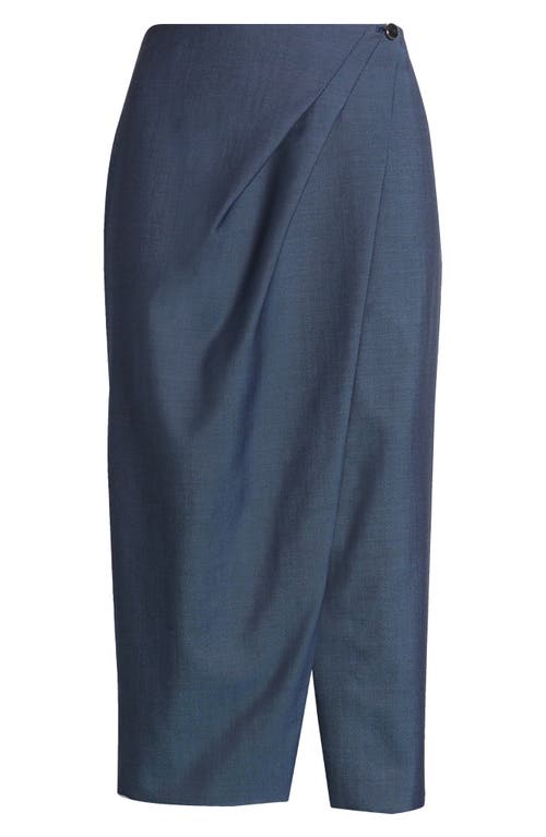 Shop Hugo Boss Boss Velibea Virgin Wool Faux Wrap Midi Skirt In Indigo