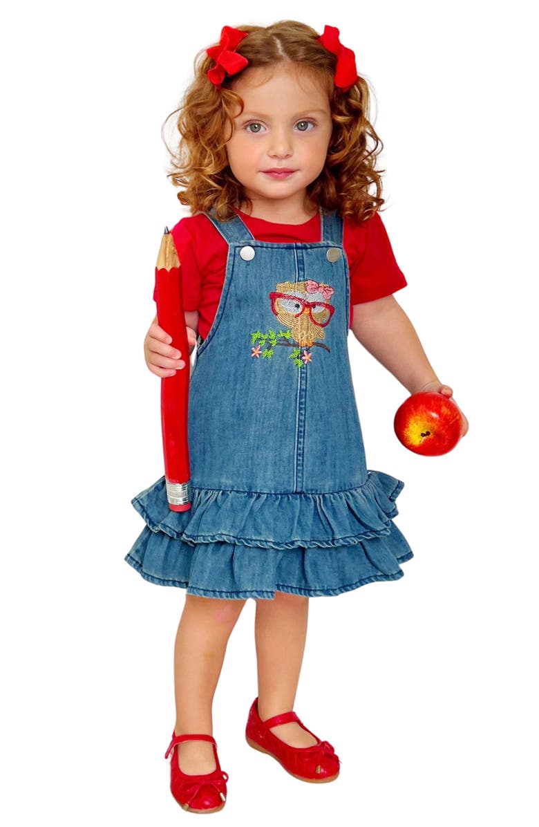 Mia Belle Girls Girls Owl Denim Overall Dress Set, Main, color, Red