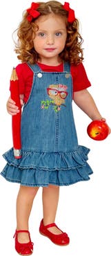 Mia Belle Girls Girls Owl Denim Overall Dress Set