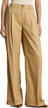Lauren Ralph Lauren Pleat Front Wide Leg Cotton Twill Pants