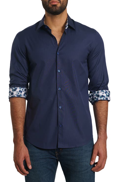 Trim Fit Tonal Print Cotton Button-Up Shirt