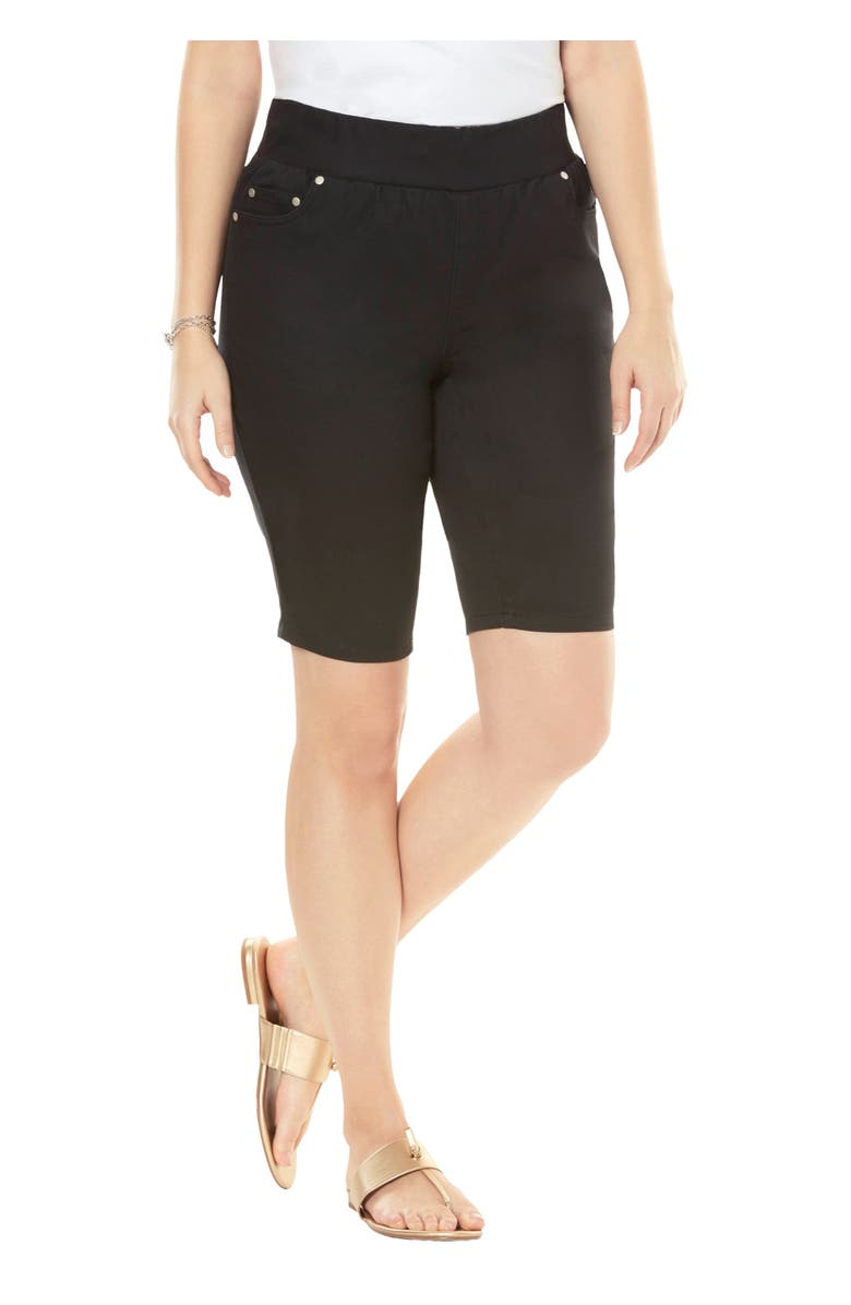 Jessica London Comfort Waist Stretch Denim Bermuda Short, Main, color, Black