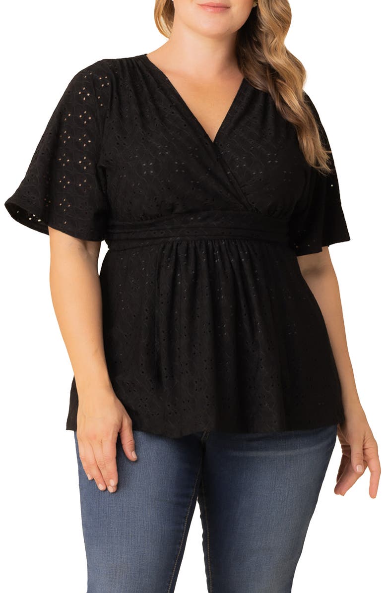Kiyonna Sunny Day Eyelet Wrap Top, Main, color, Black Noir