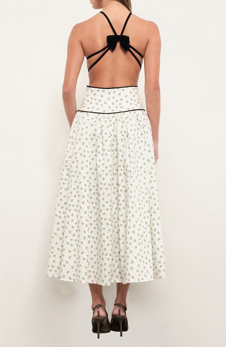 MAUDE CLUB Harlow Bow Detail Floral Open Back Cotton Midi Dress, Alternate, color, Sprigged Floral