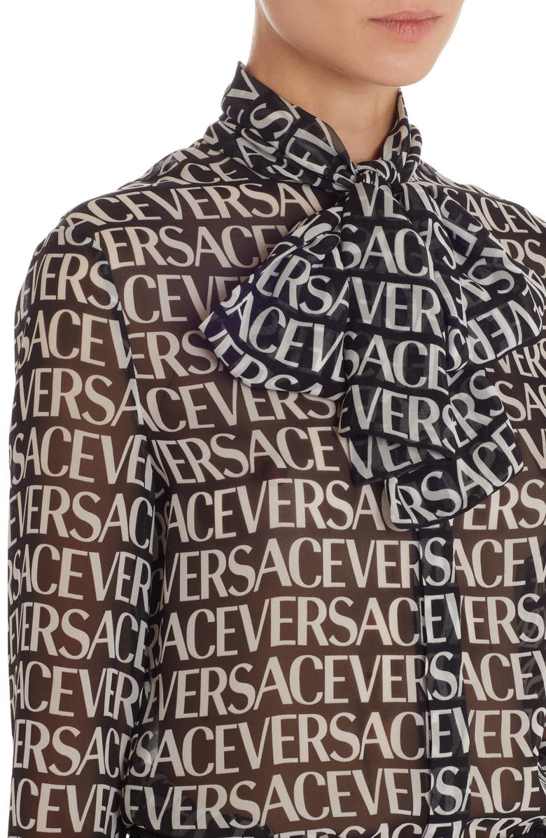Versace Logo Print Semisheer Tie Neck Silk Blouse, Alternate, color, 