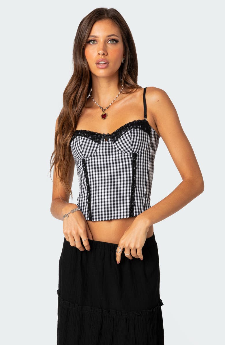 EDIKTED Gingham Lace-Up Back Corset Top, Alternate, color, Black-And-White