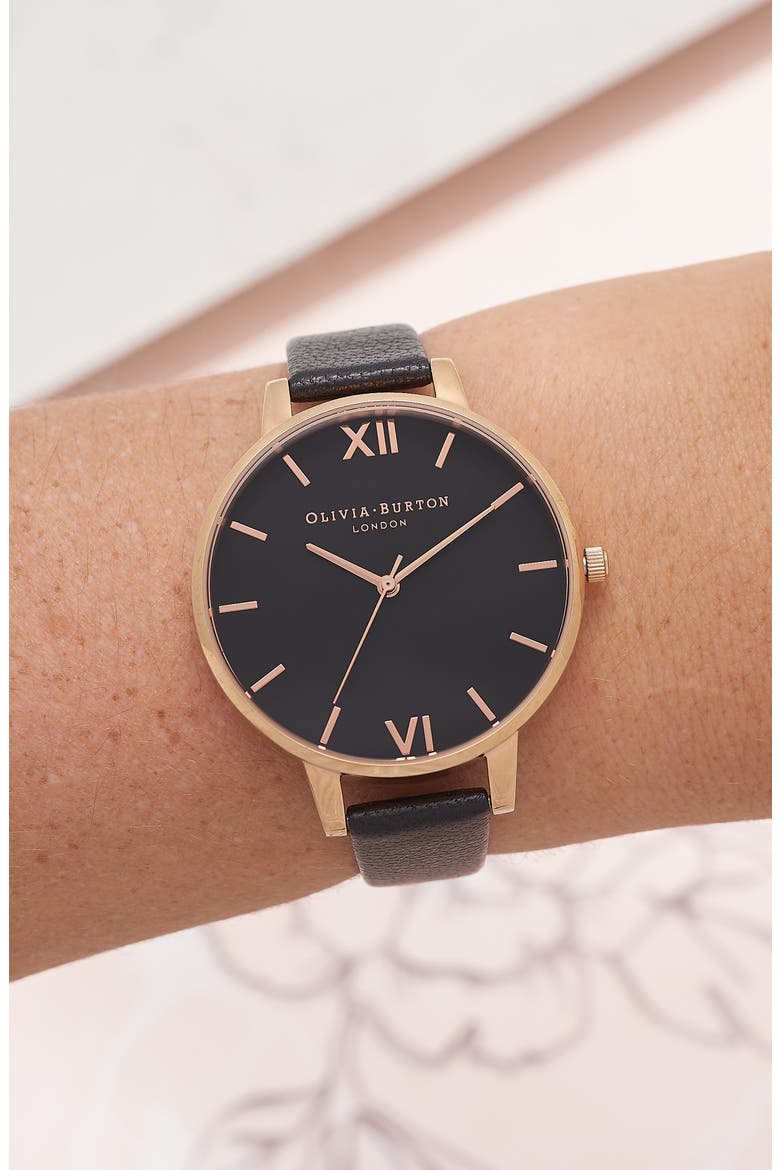 Big Dial Leather Strap Watch, 38mm, Alternate, color, BLACK/ BLACK/ ROSE GOLD
